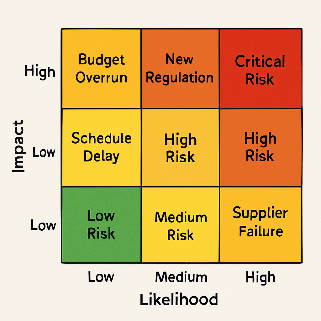 Risk Management Matrix showing risk assessment based on likelihood and impact